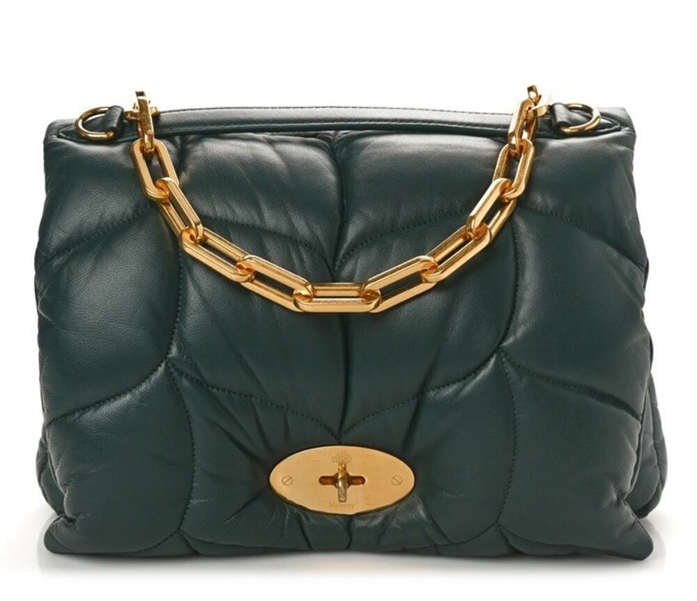 Mulberry Softie Nappa Leather Pillow Quilted Bag Green Gold Chain Authentic